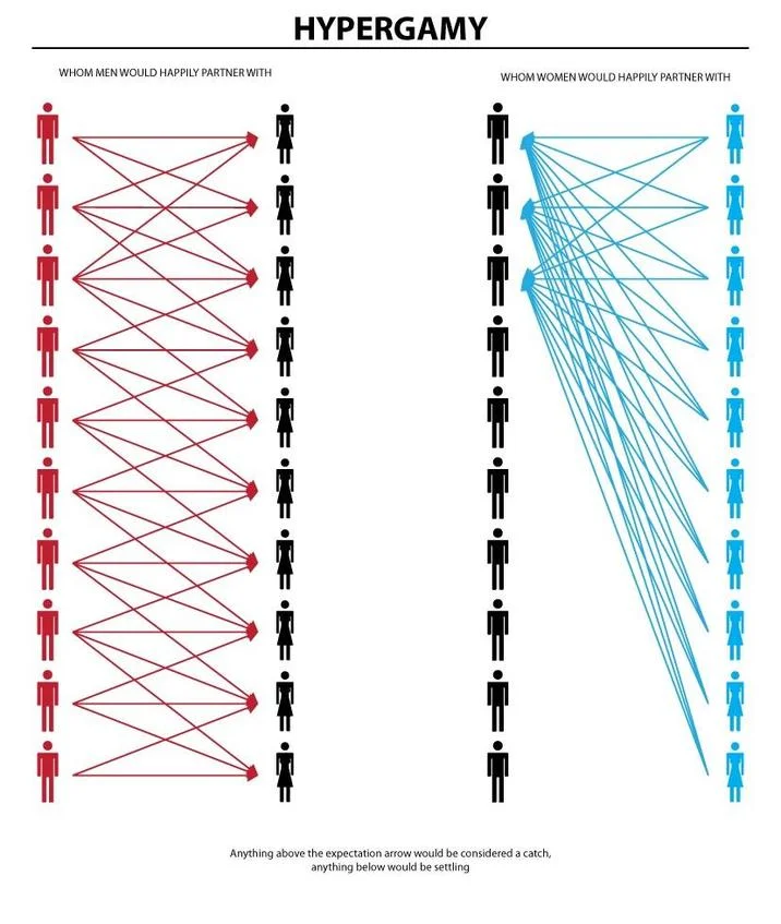 Hypergamy chart with ten figures per column and tagline about catches and settling.