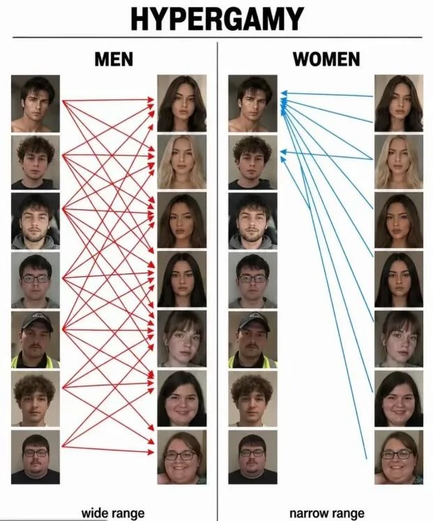 Hypergamy chart remix using real headshots to illustrate wide versus narrow partner preference ranges.