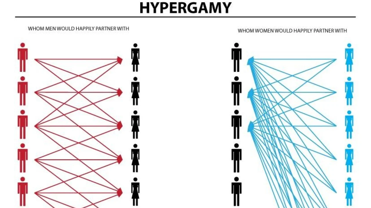 Hypergamy Chart — Two-panel infographic titled HYPERGAMY contrasting men's and women's partner preferences with pictogram figures and arrows.