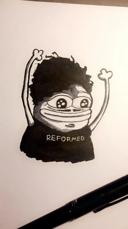 Hand-drawn ink sketch of HYPERS Pepe wearing a REFORMED shirt
