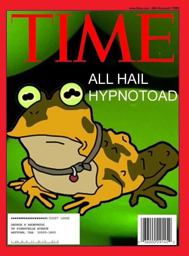 Parody TIME magazine cover with Hypnotoad and 'All Hail Hypnotoad' headline