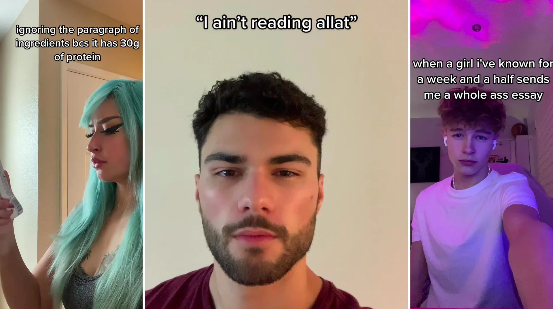 I Ain't Reading All That (TikTok Sound) — Three-panel TikTok collage with a deadpan bearded man in the center captioned 'I ain't reading allat', with two side