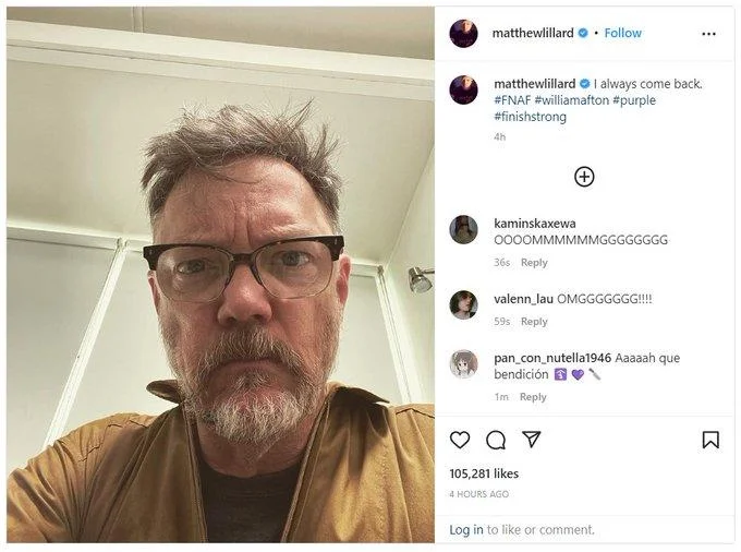 I Always Come Back (FNAF) — Instagram screenshot of Matthew Lillard posting 'I always come back' with FNAF hashtags
