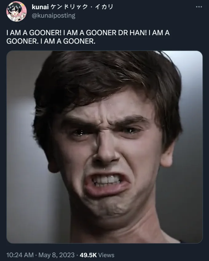 I Am a Surgeon Dr. Han — Twitter post adapting the meme format by replacing 'surgeon' with 'gooner' for humor variation.