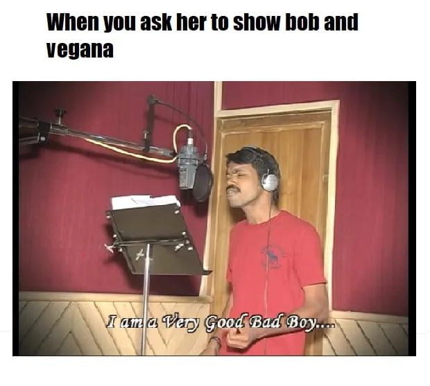 Meme with top text 'When you ask her to show bob and vegana' over a man singing in a studio with subtitle 'I am a Very Good Bad Boy'