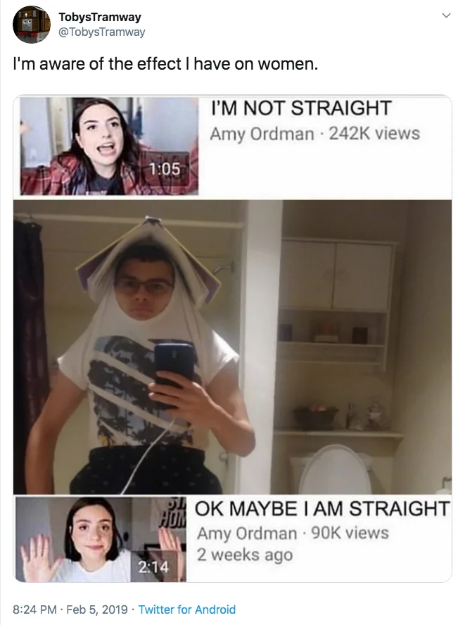 I Am Aware Of The Effect I Have On Women — Twitter screenshot of tweet with 'I'm aware of the effect I have on women' alongside YouTube thumbnail collage.