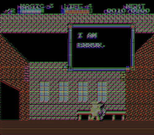 Glitch-art version of the 'I Am Error' scene with corrupted colors and pixels