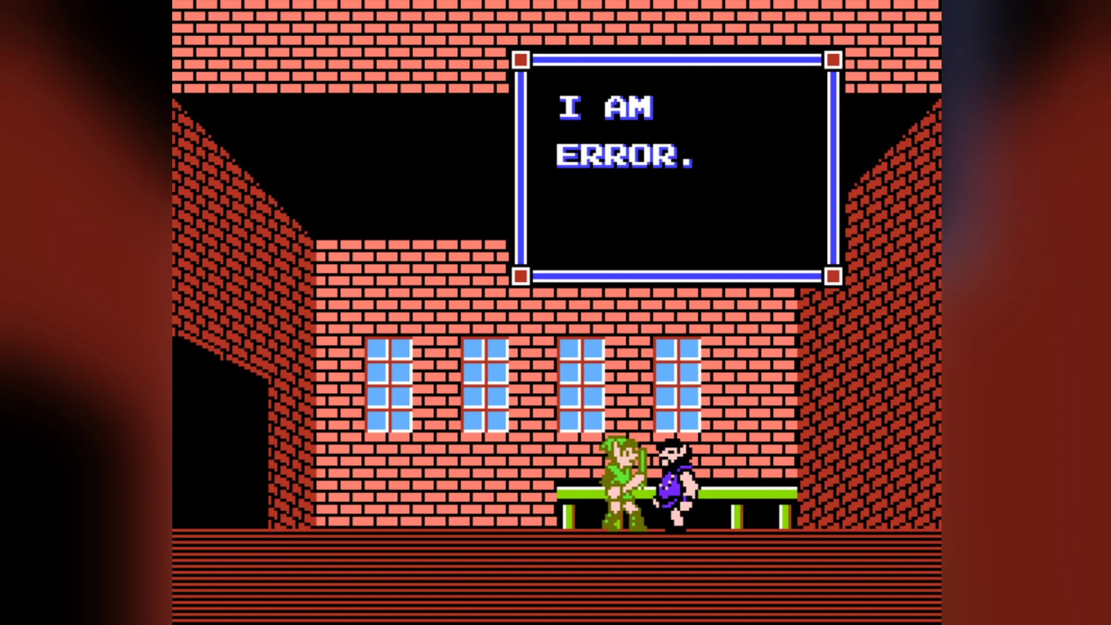 Screenshot from Zelda II showing Link talking to an NPC with a dialogue box reading 'I AM ERROR.'