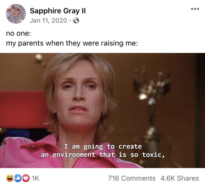 I Am Going To Create An Environment That Is So Toxic — Facebook post screenshot showing Sue Sylvester in pink tracksuit with 'no one: my parents when raising