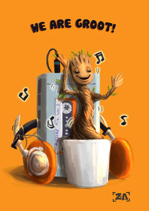 I Am Groot — Cartoon chibi Rocket Raccoon and Groot sitting together under a starry night sky