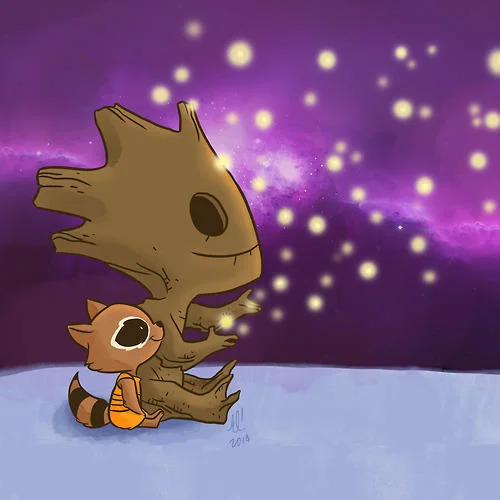 Parody poster reading 'The Fault In Our Galaxy' with I Am Groot dialogue clouds over a starry background