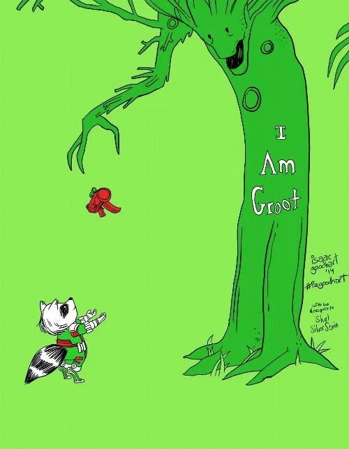 I Am Groot — Illustration of Groot as a tree with Rocket Raccoon in the style of Shel Silverstein's Giving Tree