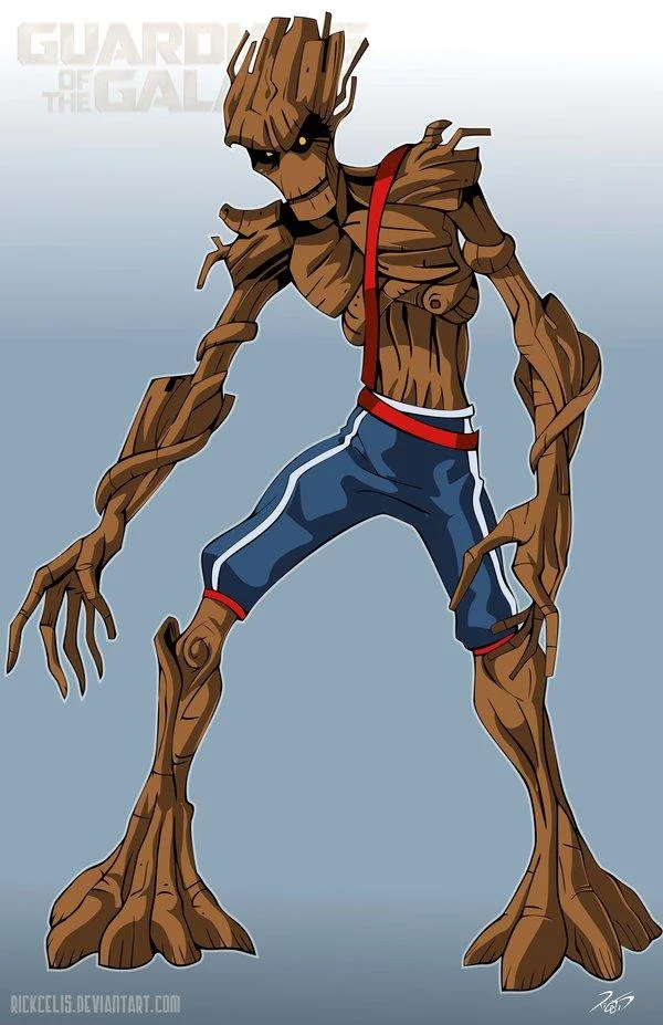 I Am Groot — Illustration of Rocket Raccoon holding potted Baby Groot at night with glowing spores