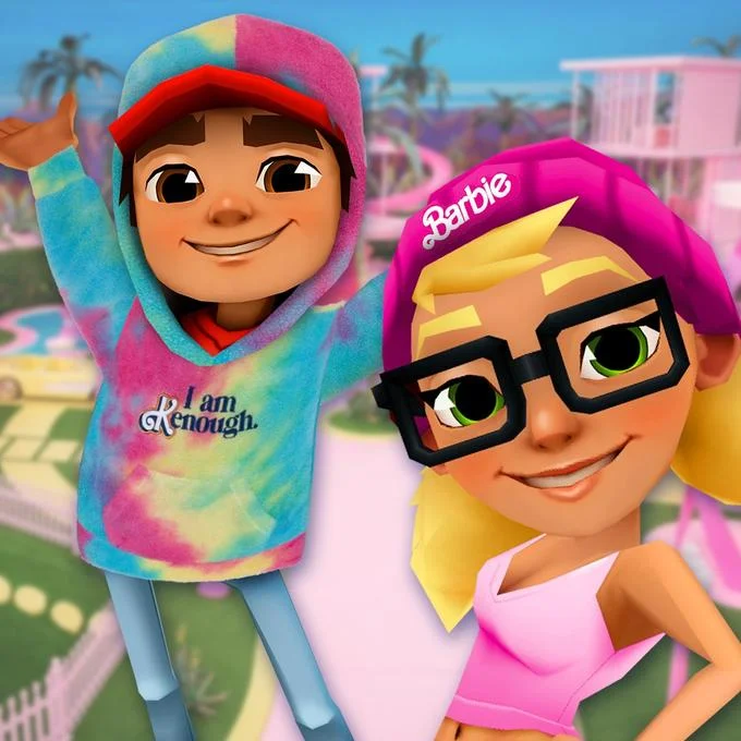 Animated illustration of Ken and Barbie in tie-dye outfits with 'i am Kenough.' text displayed.