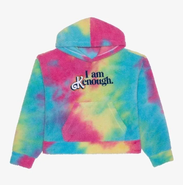 Product photograph of colorful tie-dye hoodie with 'i am Kenough.' embroidered text on white background.