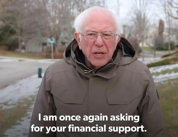 I Am Once Again Asking For Your Financial Support — Bernie Sanders on suburban street with canonical subtitle and no additional top caption.