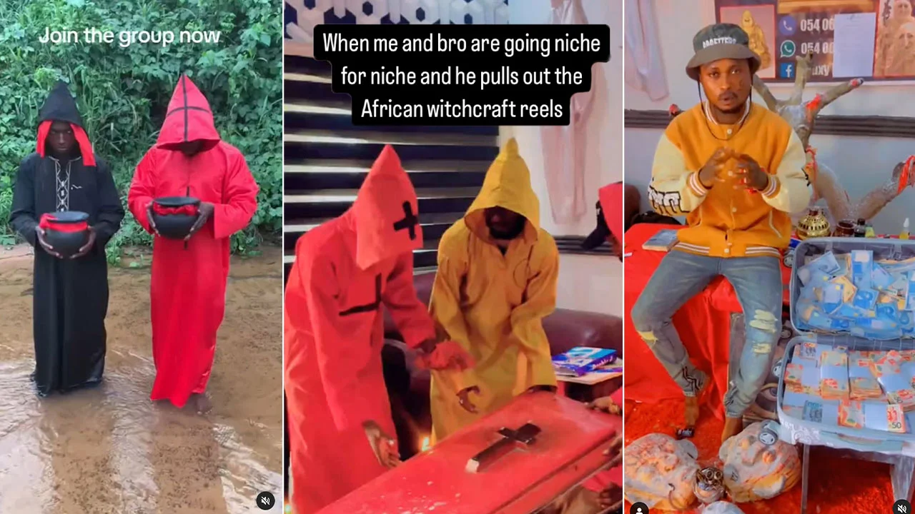 I Am Ready To Sacrifice All Members Of My Family — Three-panel collage of Ghanaian witchcraft reels showing hooded figures with cauldrons, a red coffin ritual