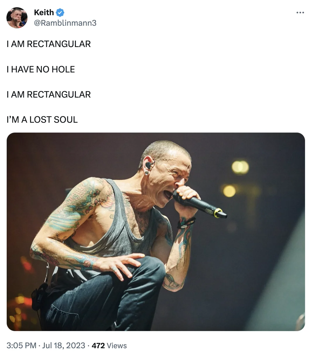 "I Am Rectangular" by Sean Stephens — Tweet reimagining 'I Am Rectangular' lyrics in a Linkin Park style, with a photo of Chester Bennington performing.