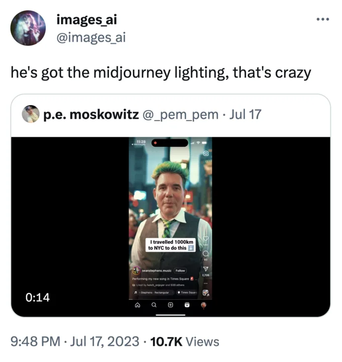"I Am Rectangular" by Sean Stephens — Tweet joking that Sean Stephens has 'midjourney lighting' in his 'I Am Rectangular' TikTok video.