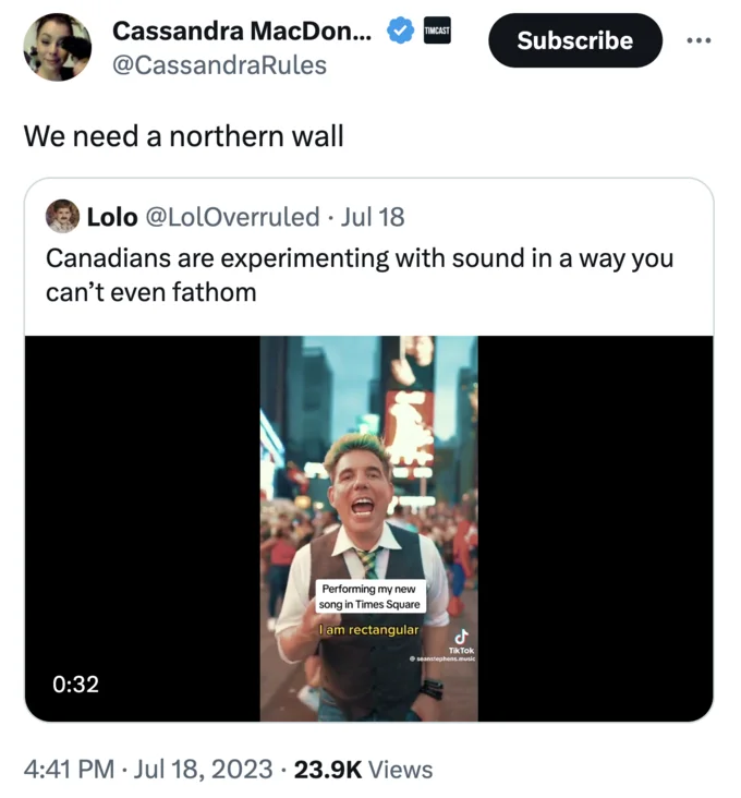 "I Am Rectangular" by Sean Stephens — Twitter screenshot joking 'We need a northern wall' reacting to Sean Stephens' Canadian 'I Am Rectangular' TikTok.