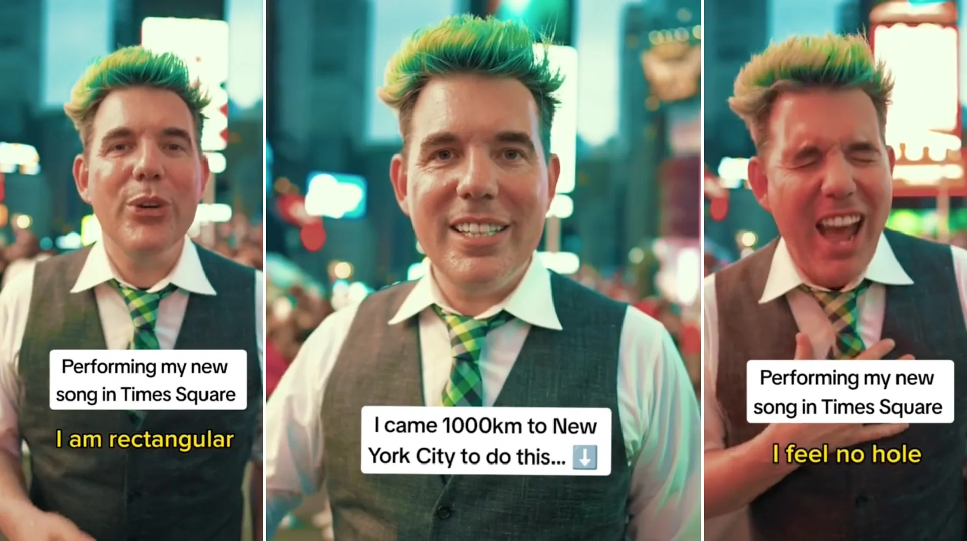"I Am Rectangular" by Sean Stephens — Three-panel image of Sean Stephens with green hair performing his song in Times Square with the lyrics 'I am rectangular'