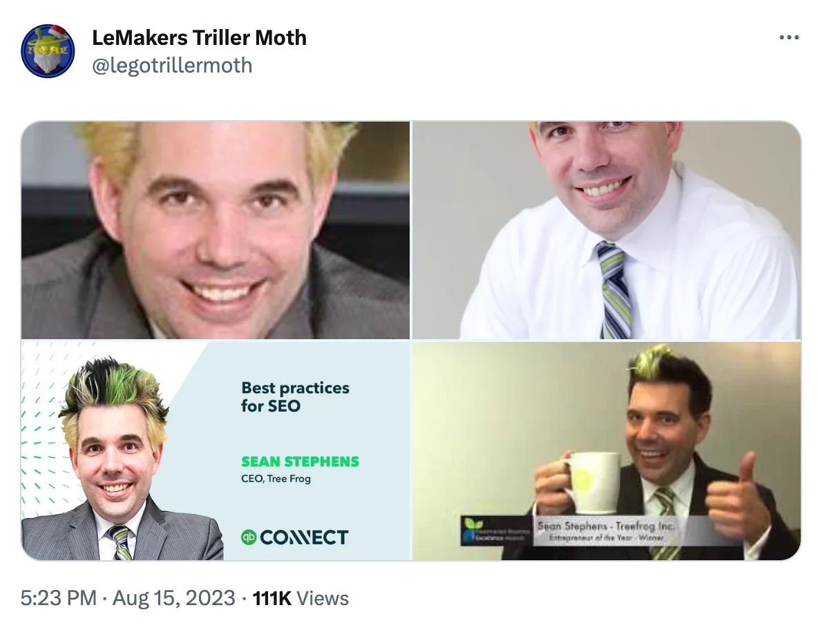 "I Am Rectangular" by Sean Stephens — Four-image collage of Sean Stephens in business headshots, including a promotional image titled 'Best practices for SEO