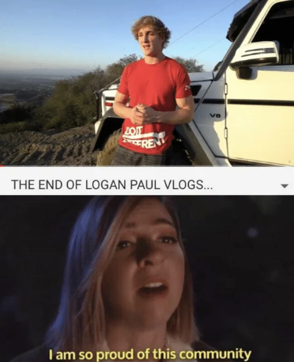 I Am So Proud of This Community — Meme with a shock-title YouTube video paired with the Rewind proud community screenshot