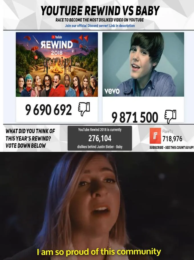 I Am So Proud of This Community — Meme comparing a 'Vomit Cake' YouTube thumbnail with the Rewind 2018 proud community screenshot