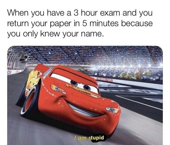 I Am Speed — Exam failure meme with 'I am stupid' variation and Lightning McQueen.