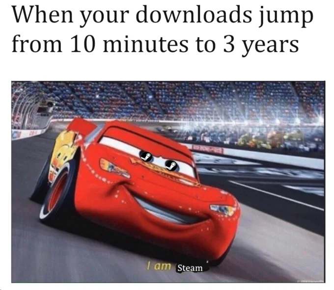 I Am Speed — Meme about download failures with 'I am Steam' reference and Lightning McQueen.