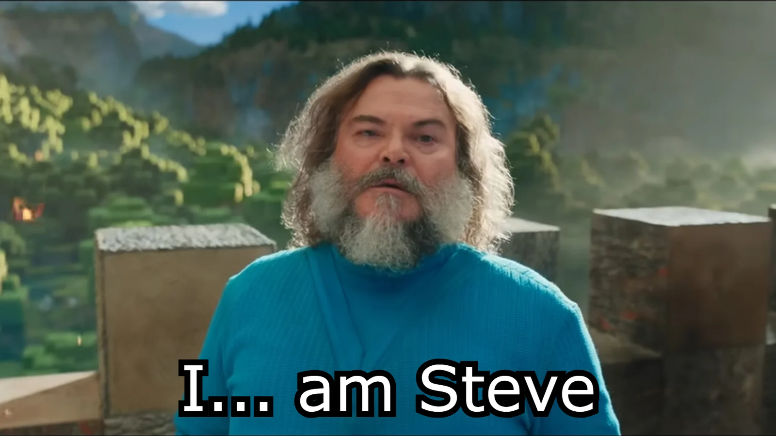 I Am Steve — Jack Black as Minecraft Steve with white beard and blue shirt looking directly at camera in Minecraft environment.