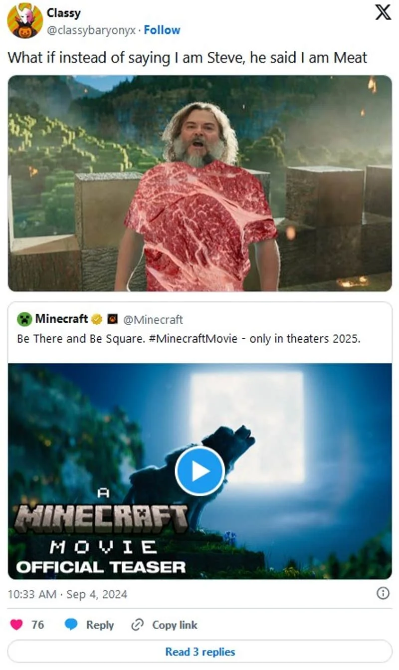 I Am Steve — Twitter post showing humorous variation with character holding raw meat reimagined as 'I am Meat'.
