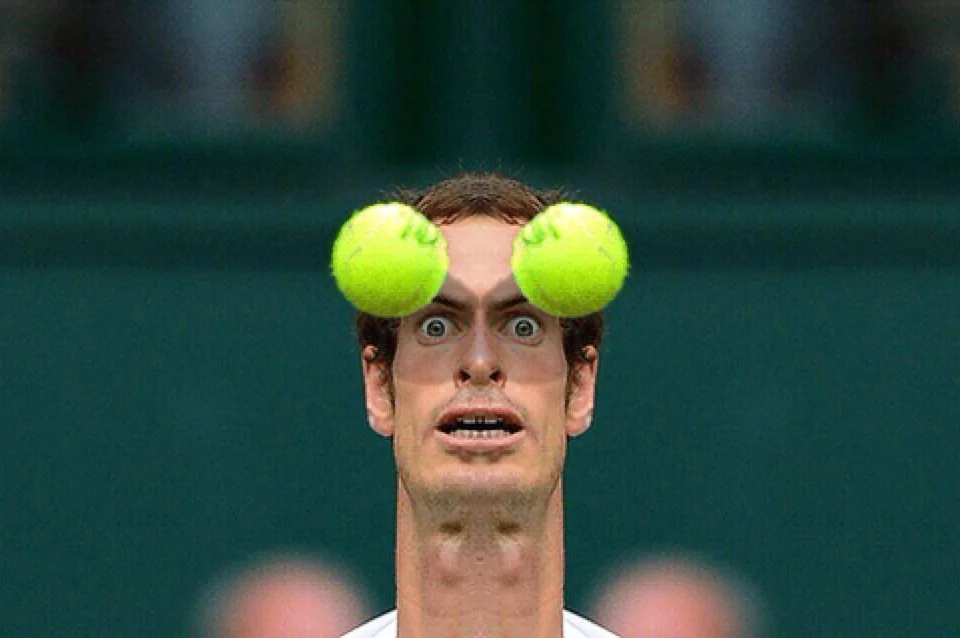 I AM THE KING OF SPACE — Andy Murray with two tennis balls positioned above his eyes creating an alien-like face