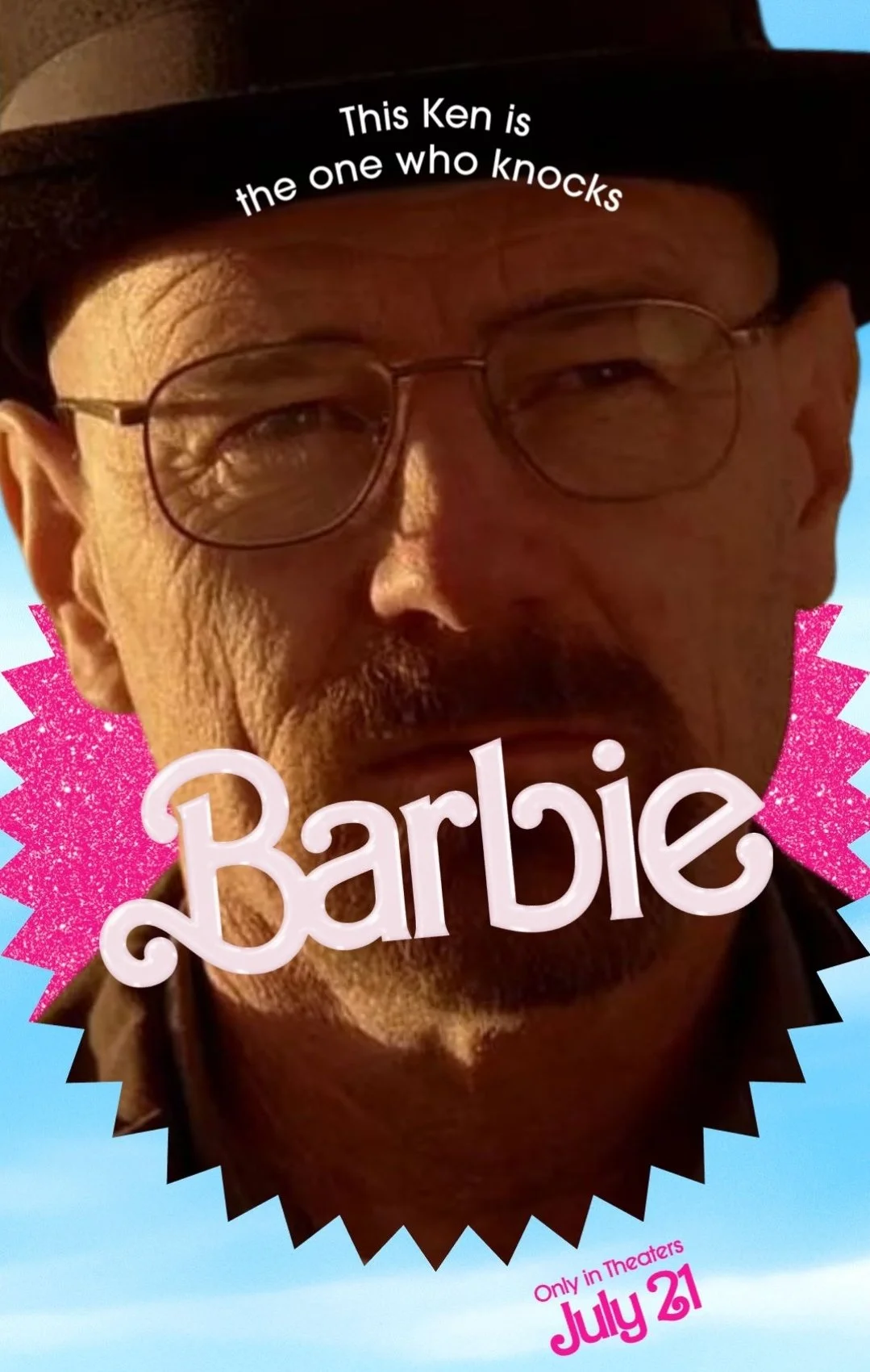 I Am The One Who Knocks — Walter White edited into a Barbie movie poster captioned 'This Ken is the one who knocks'