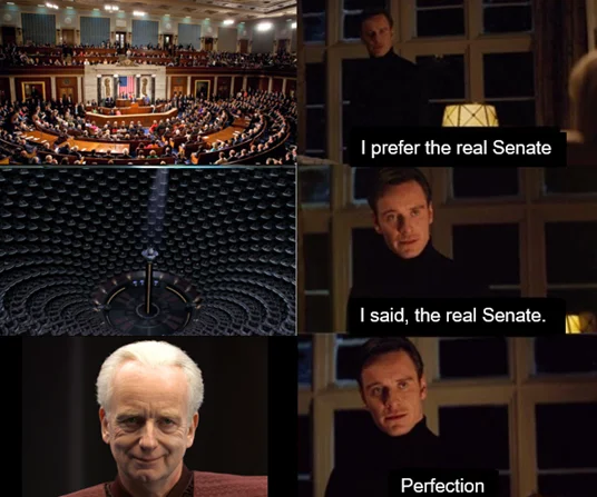 Meme with text about promising not to get political followed by Palpatine saying 'I am the Senate'