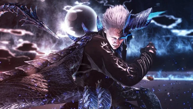 I Am The Storm That Is Approaching — Vergil from Devil May Cry 5 in dramatic power pose surrounded by electrical effects and stormy atmospheric lighting.