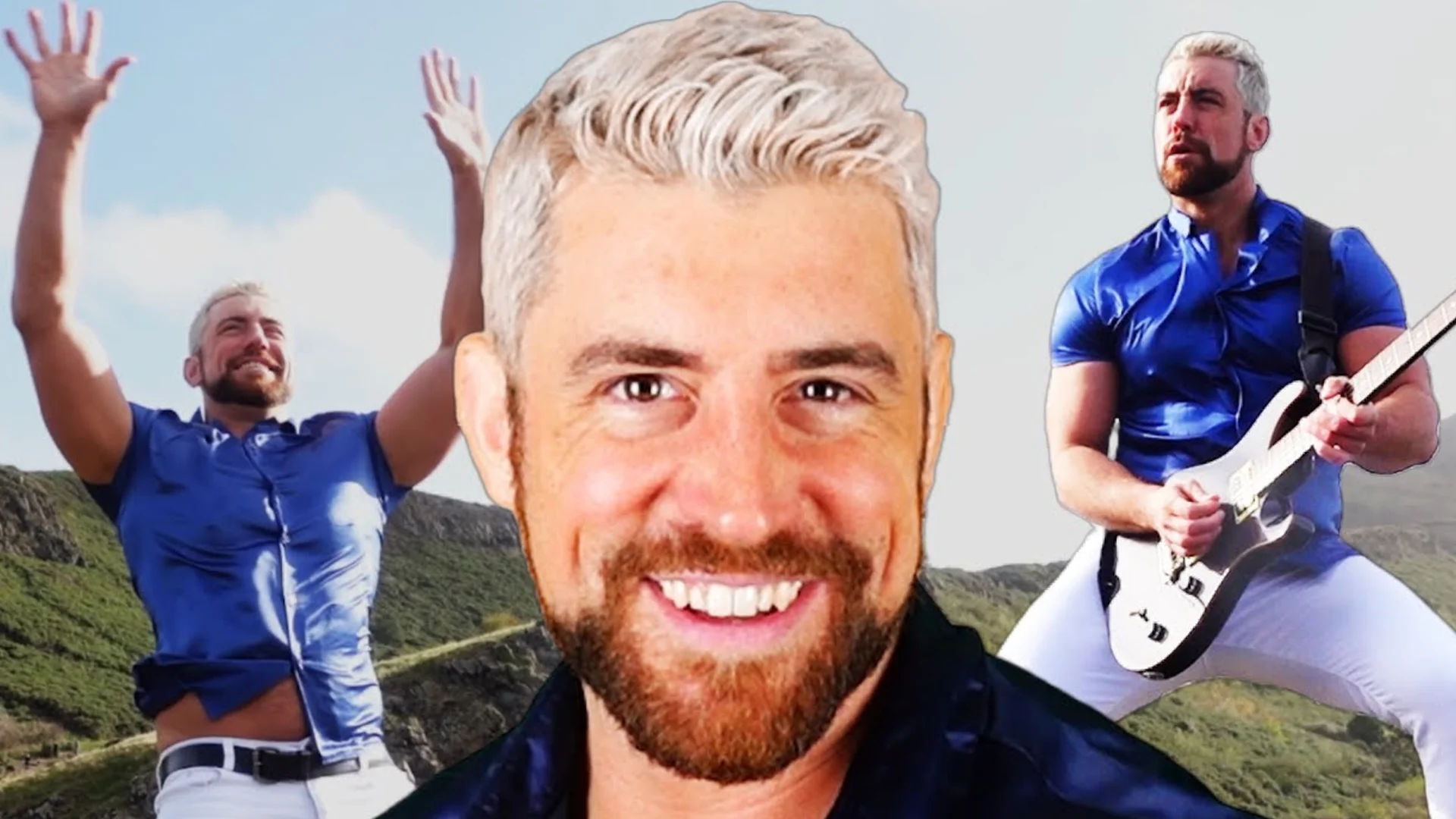 I Believe In Joe Hendry Say His Name And He Appears — Composite image of wrestler Joe Hendry smiling, raising his arms, and playing guitar in a blue shirt