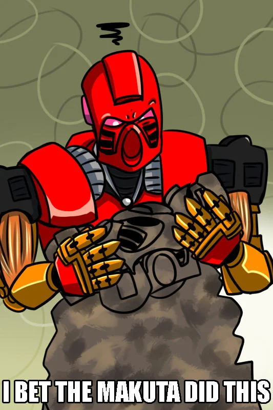 "I Bet the Jews Did This" — Red Bionicle robot character holding a boulder with caption I BET THE MAKUTA DID THIS