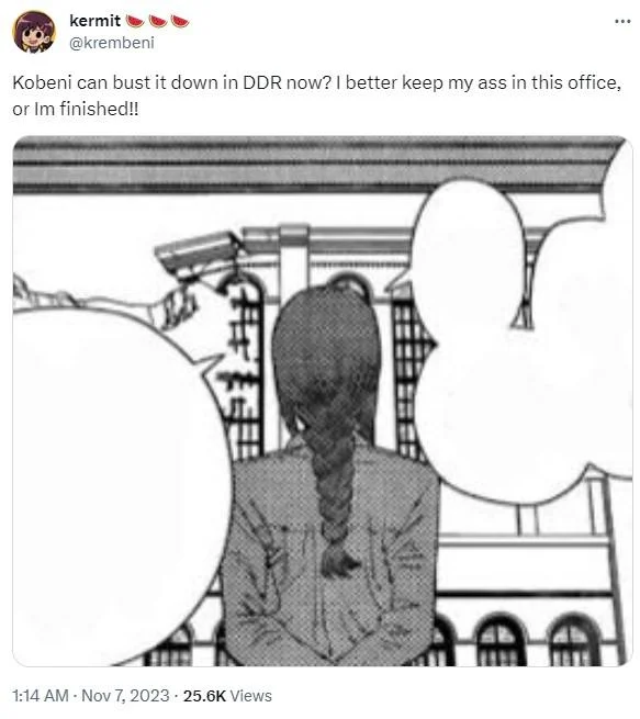 I Better Keep My Ass In This Office — Tweet by @krembeni using the format with a Chainsaw Man panel of Kobeni
