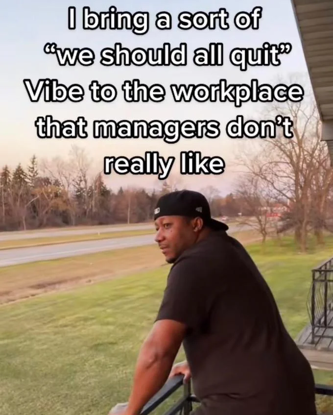 I Bring A Sort Of X Vibe To The Y — Clear meme with man in black cap with canonical workplace quit vibe text.