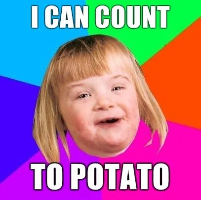 Image macro of smiling girl with text 'I CAN COUNT TO POTATO' on a colorful background