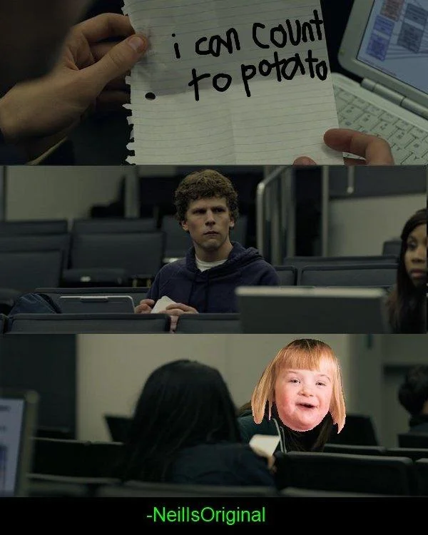 Three-panel Social Network movie scene mashup with 'i can count to potato' note and potato girl's face composited in