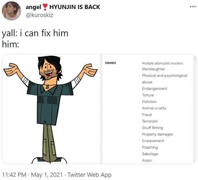 I Can Fix Him — A 2021 Twitter post showing an animated character with a detailed crimes list including murders and terrorism.