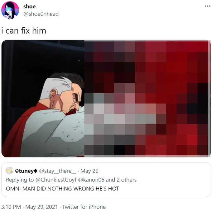 A 2021 Twitter post featuring a pixelated, bruised and bandaged animated character captioned 'i can fix him.'