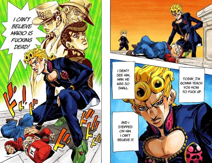 I Cant Believe Sonic The Hedgehog Is Fucking Dead — A JoJo's Bizarre Adventure panel with speech bubble altered to read the Mario variant phrase.