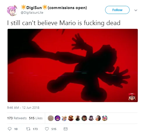 I Cant Believe Sonic The Hedgehog Is Fucking Dead — A tweet reading 'I still can't believe Mario is fucking dead' with Mario's silhouette falling.