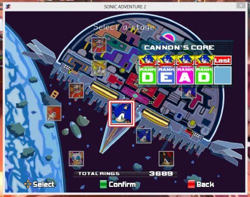 I Cant Believe Sonic The Hedgehog Is Fucking Dead — A Sonic Adventure 2 stage select screen with rank tiles spelling 'DEAD' highlighted in green.