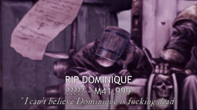 I Cant Believe Sonic The Hedgehog Is Fucking Dead — A Warhammer 40K game screenshot with memorial text reading the snowclone phrase about a character.