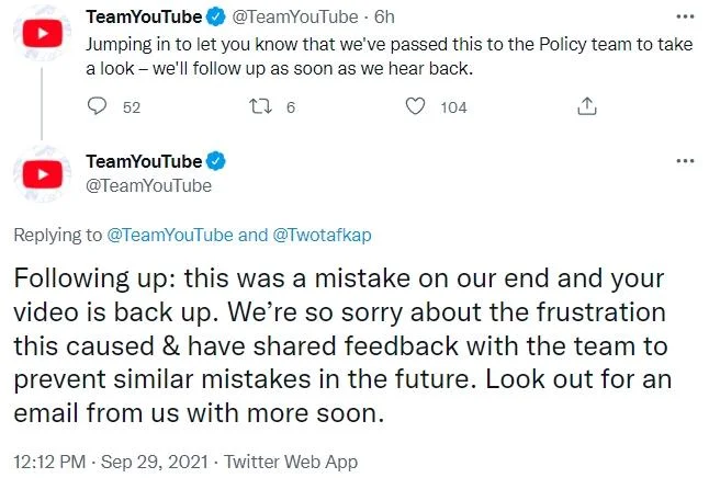 I Can't Believe You've Done This — Tweets showing dismissive YouTube support chat responses to Paul Weedon