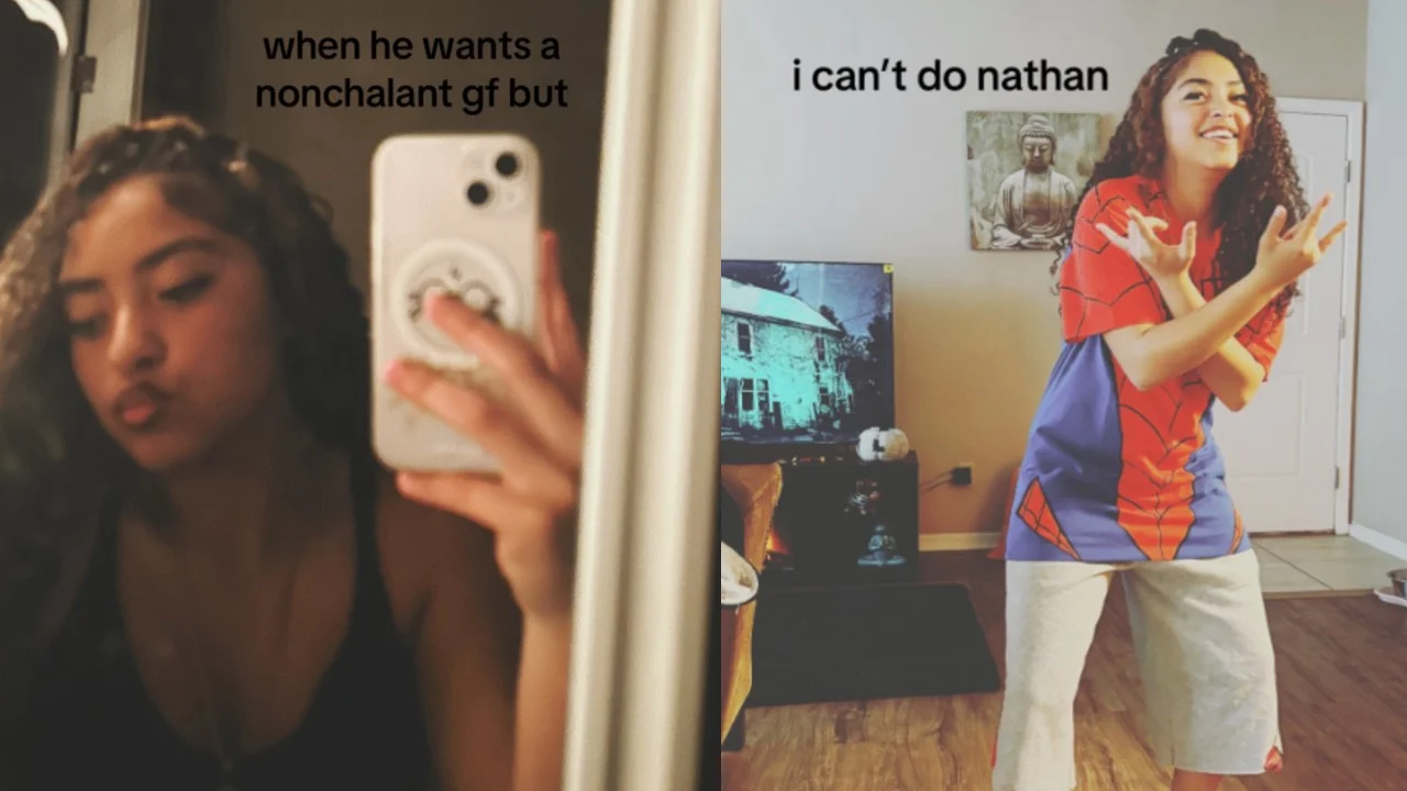 Split image meme with 'when he wants a nonchalant gf but' next to a girl posing in a Spider-Man shirt with caption 'i can't do nathan'.